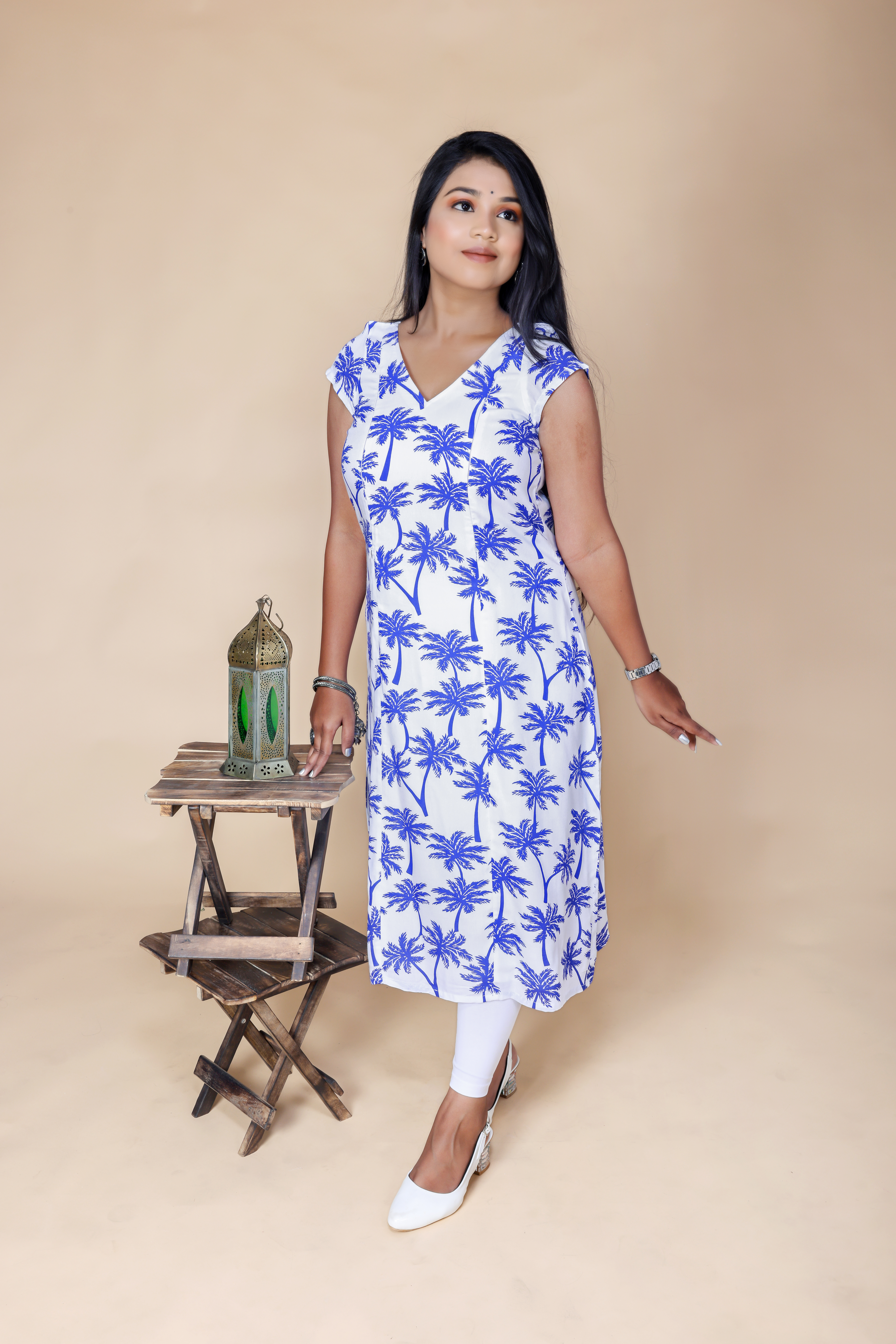 White Kurti Maternity Top - Tree design