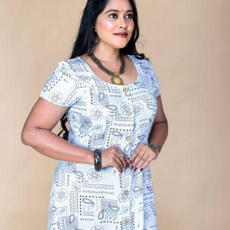Blue Front Button top with Art prints