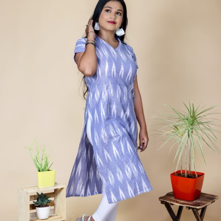 Blue Ikkat Kurti Top Cotton Linen