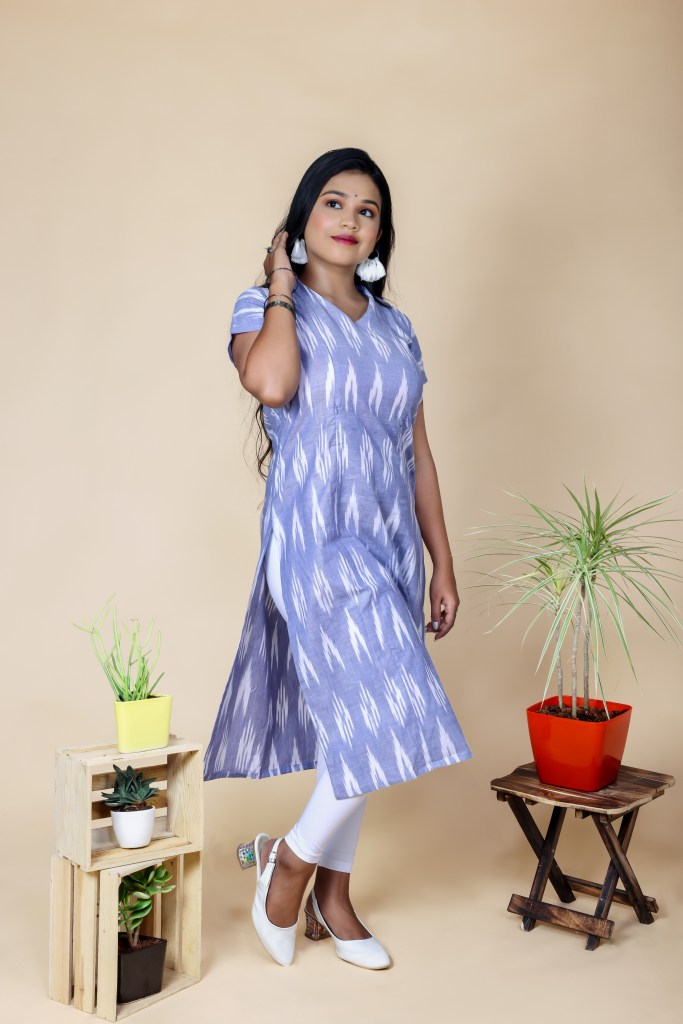 Blue Ikkat Kurti Top Cotton Linen
