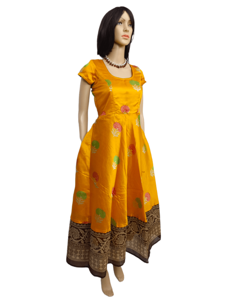 Orange Yellow Flower print Synthetic Anarkali Maternity Kurti [Long]