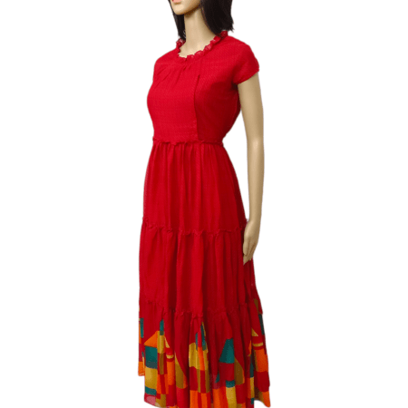 Red Soft Princess cut Synthetic Maternity Kurti [Long] with flairs with modern prints