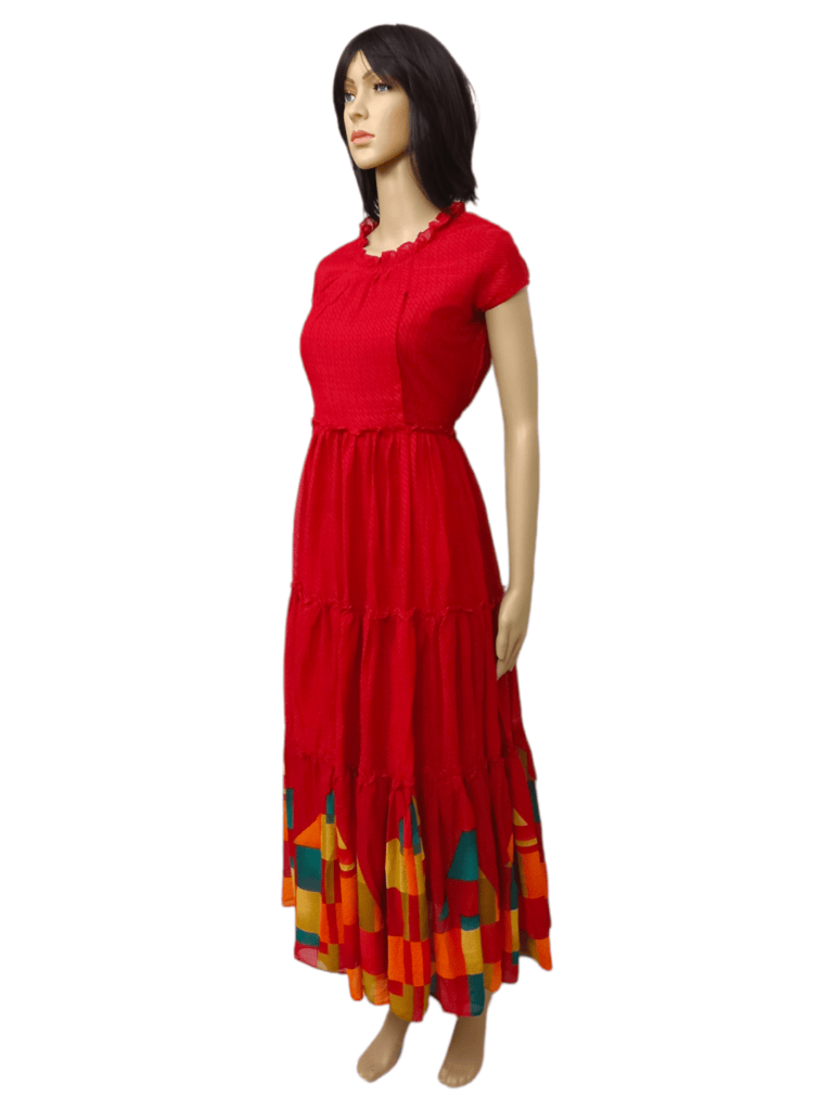 Red Soft Princess cut Synthetic Maternity Kurti [Long] with flairs with modern prints