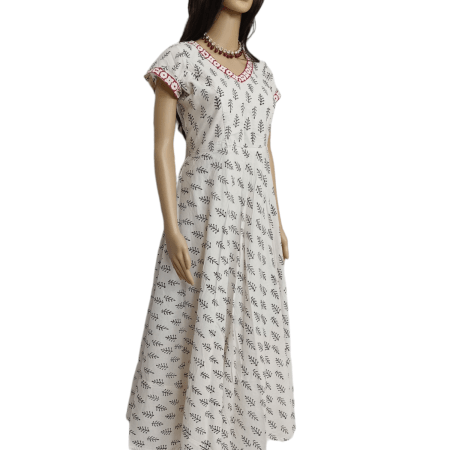 Block Print white cotton Maternity Kurti [Long] with leaf design