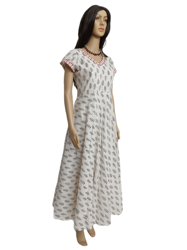 Block Print white cotton Maternity Kurti [Long] with leaf design