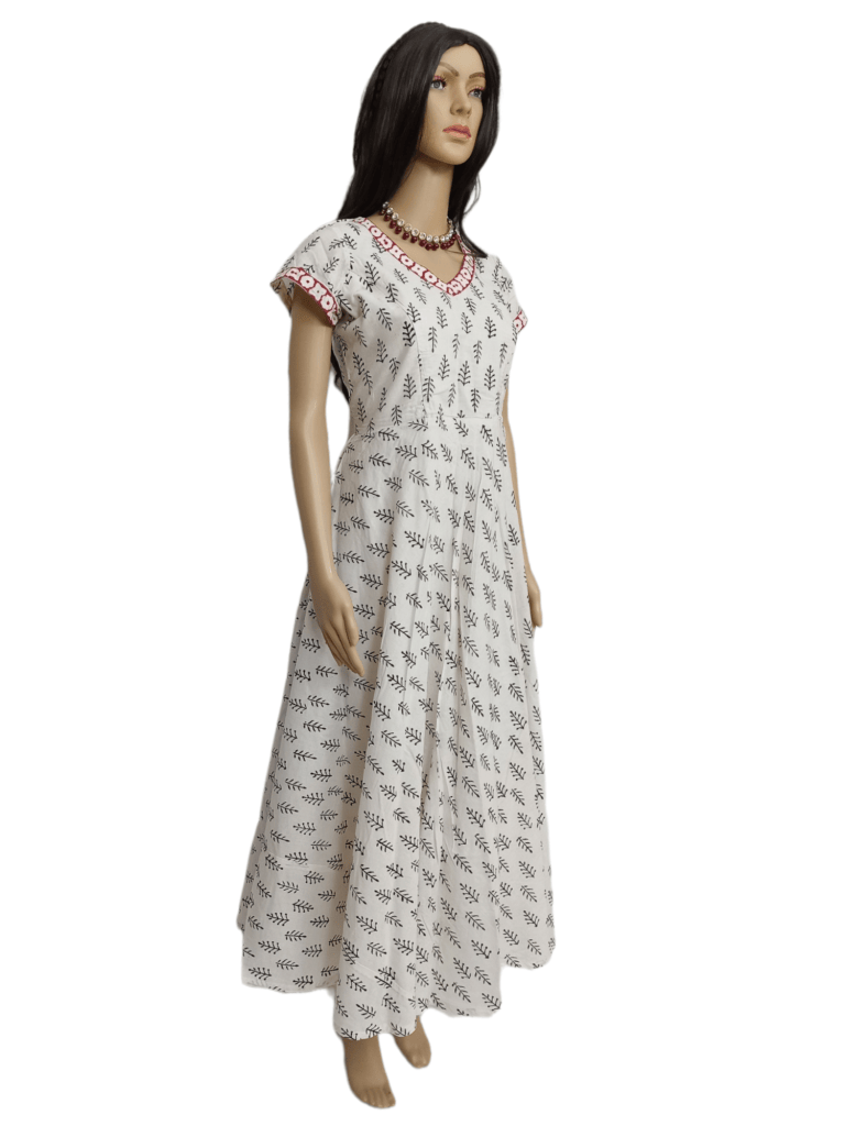 Block Print white cotton Maternity Kurti [Long] with leaf design