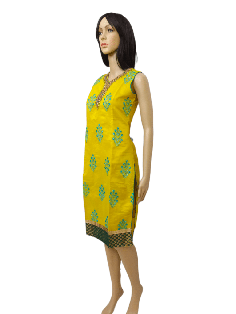 Boutique collection Yellow with green embroidery and beadwork kurti top