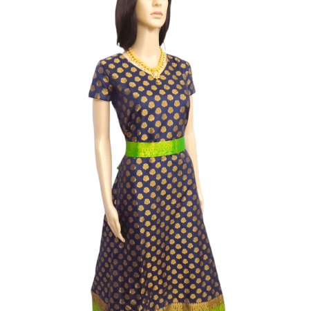 Dark Blue Silk Kurti [Long] with Contrast Belt and flower thread work