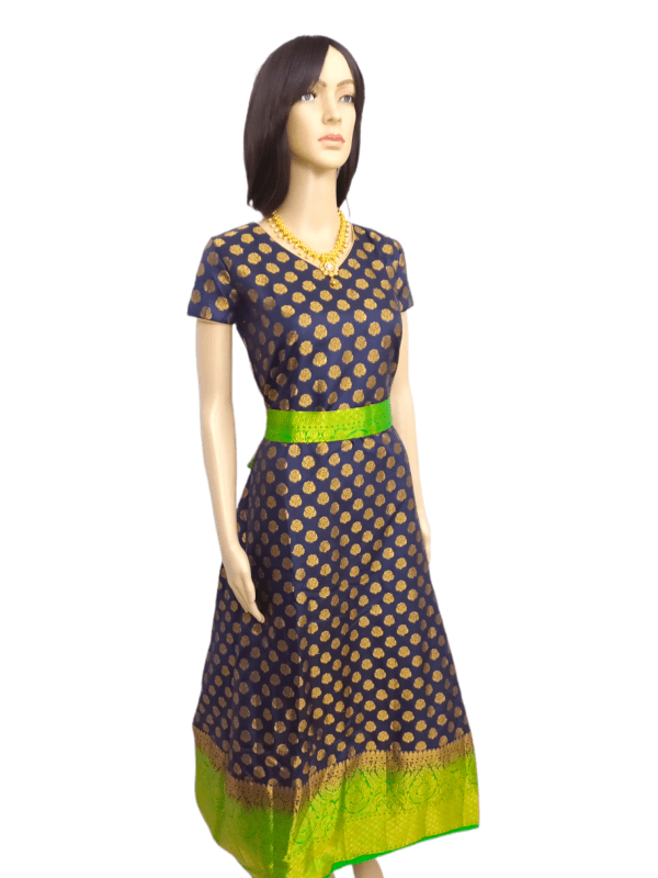Dark Blue Silk Kurti [Long] with Contrast Belt and flower thread work