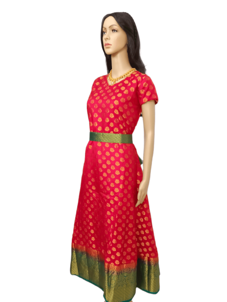 Red Silk Anarkali Kurti [Long] with Contrast Belt and flower design thread work