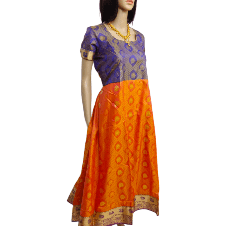 Orange and Blue Contrasting Pure Silk Anarkali Kurti [Long] with peacock design thread work border