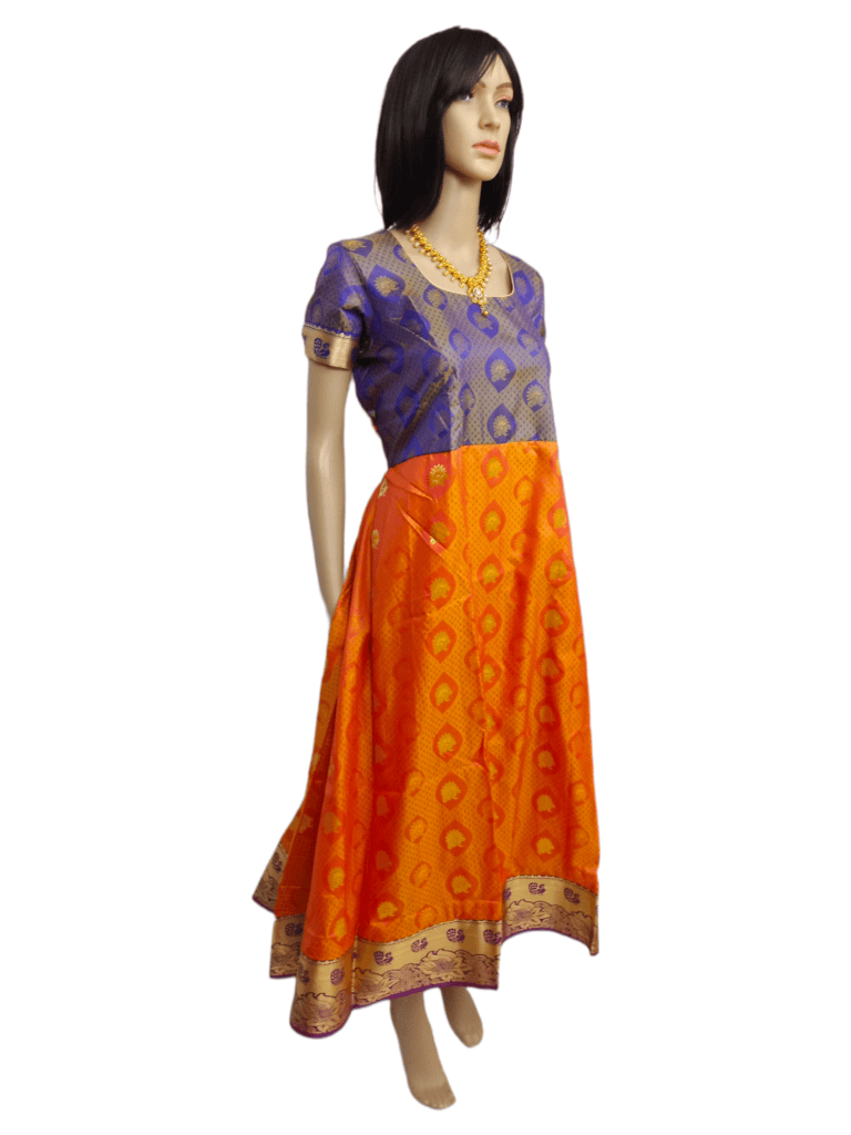 Orange and Blue Contrasting Pure Silk Anarkali Kurti [Long] with peacock design thread work border